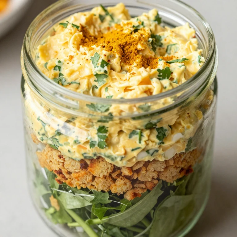 Layered jar with greens, toast crumbs, and creamy curried egg salad