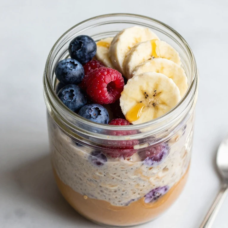 overnight oats with almond butter, banana slices, and mixed berries in jar