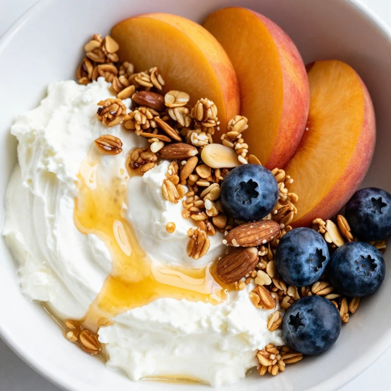 cottage cheese bowl with granola, sliced peach, blueberries, and almonds