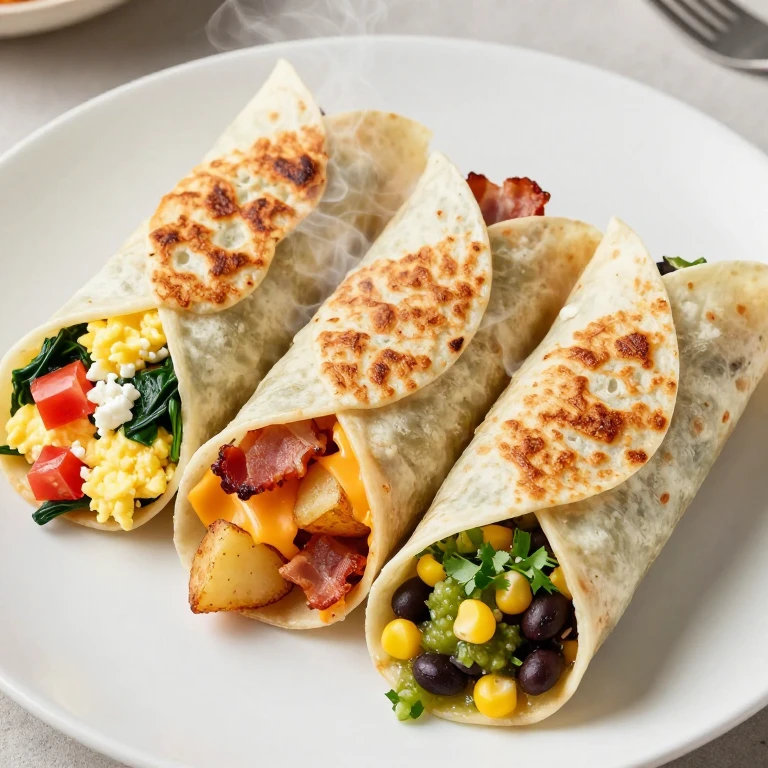Three golden-brown freezer breakfast burritos with visible egg, vegetable, and cheese fillings on white plate