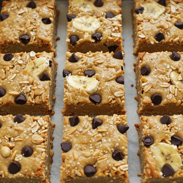 peanut butter banana oat bars with dark chocolate chips, cut into squares