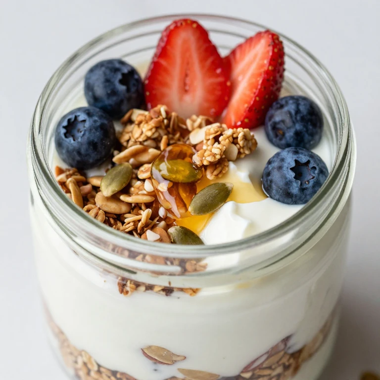 Greek yogurt parfait with berries, granola, nuts, seeds, and honey