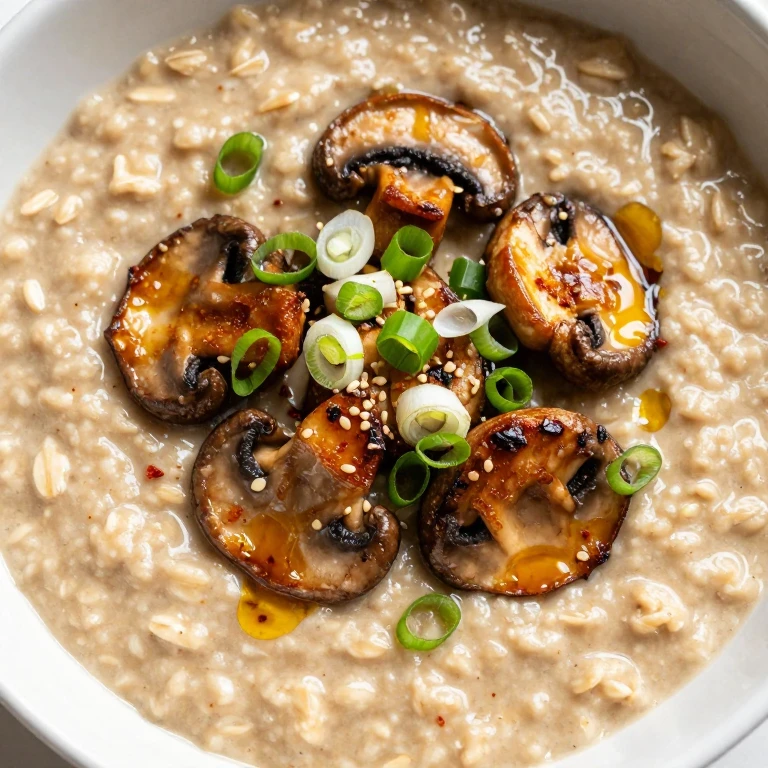savory miso oatmeal topped with roasted mushrooms and scallions