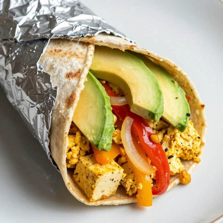 tofu scramble burrito with peppers, onions, and avocado slices