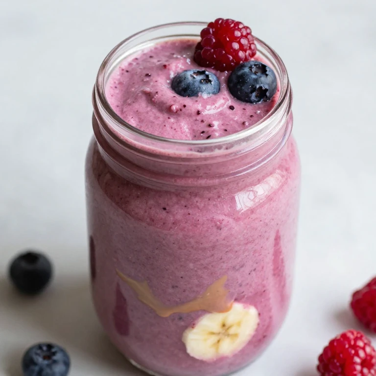 berry smoothie with yogurt and almond butter in mason jar