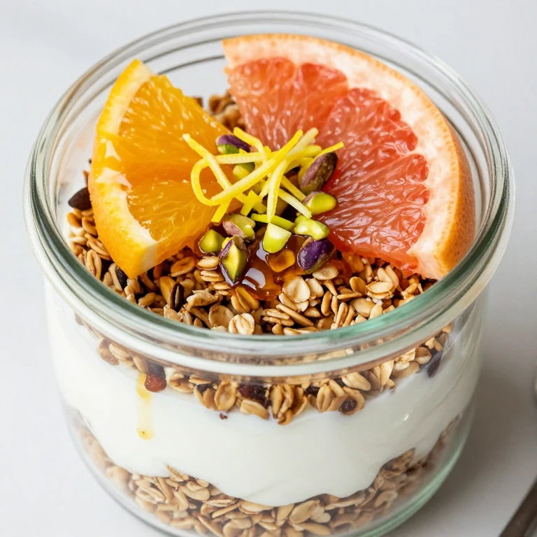 layered yogurt granola jar with citrus, honey, and pistachio