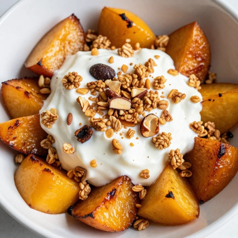 roasted fruit bowl with yogurt, granola, and almonds