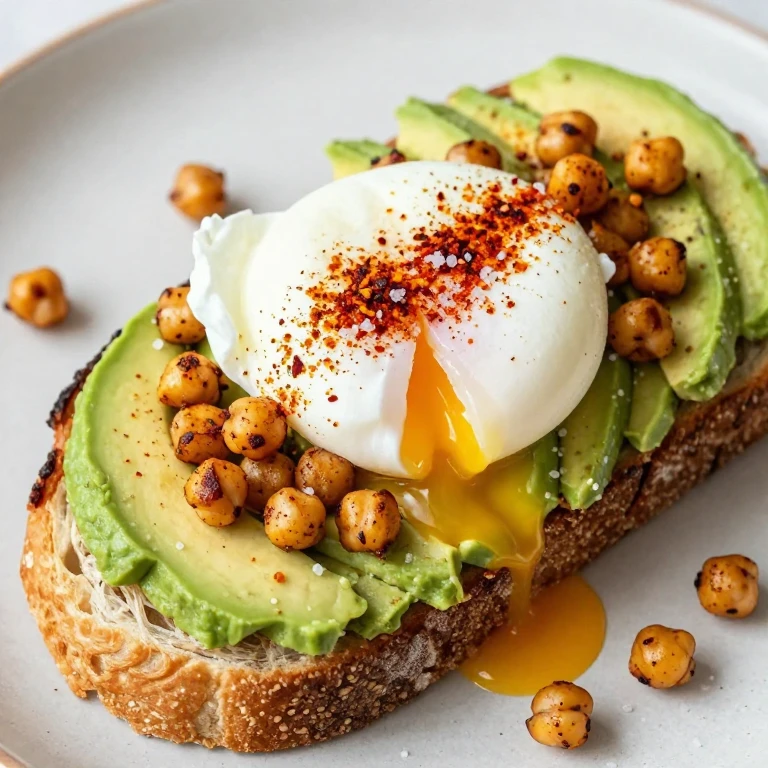 Poached egg on avocado toast topped with crispy roasted chickpeas
