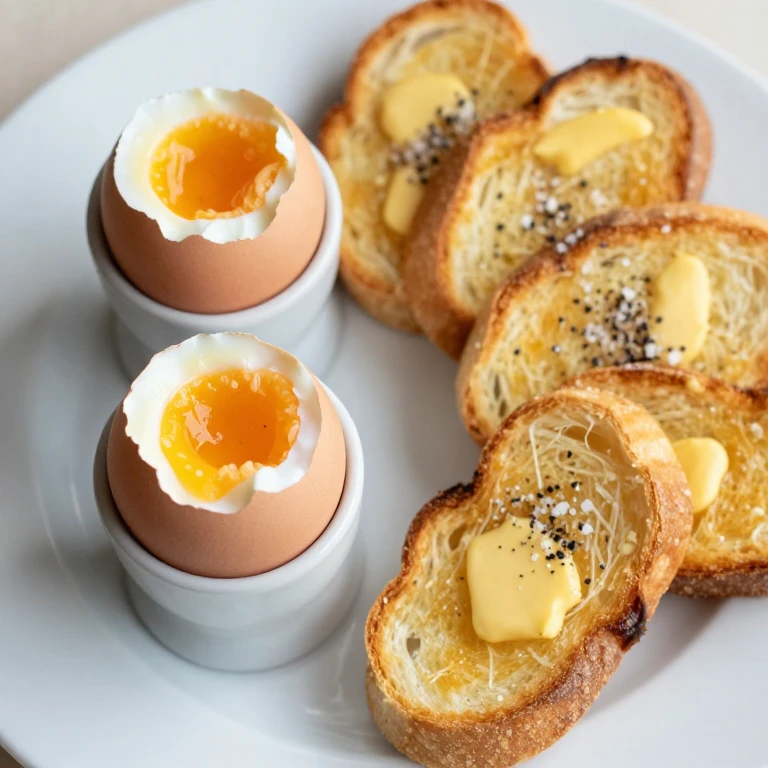Soft-boiled eggs in cups with buttered toast soldiers for dipping