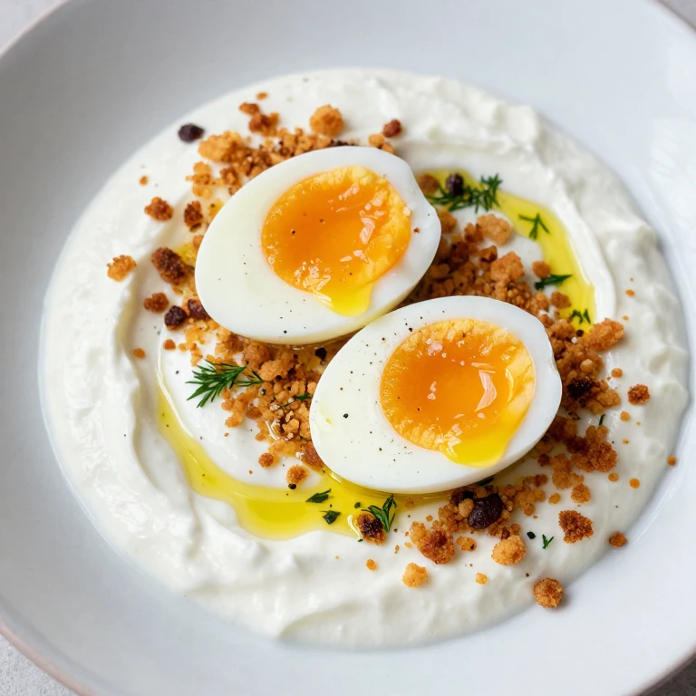 Soft-boiled eggs on herbed yogurt with golden crispy breadcrumbs