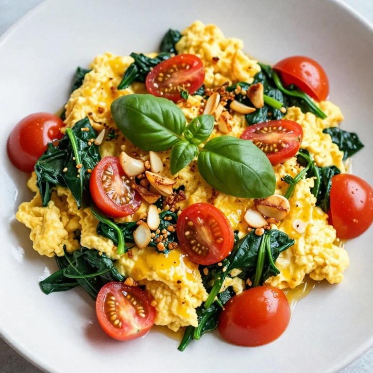 Scrambled eggs with wilted spinach, tomatoes, and crispy garlic oil