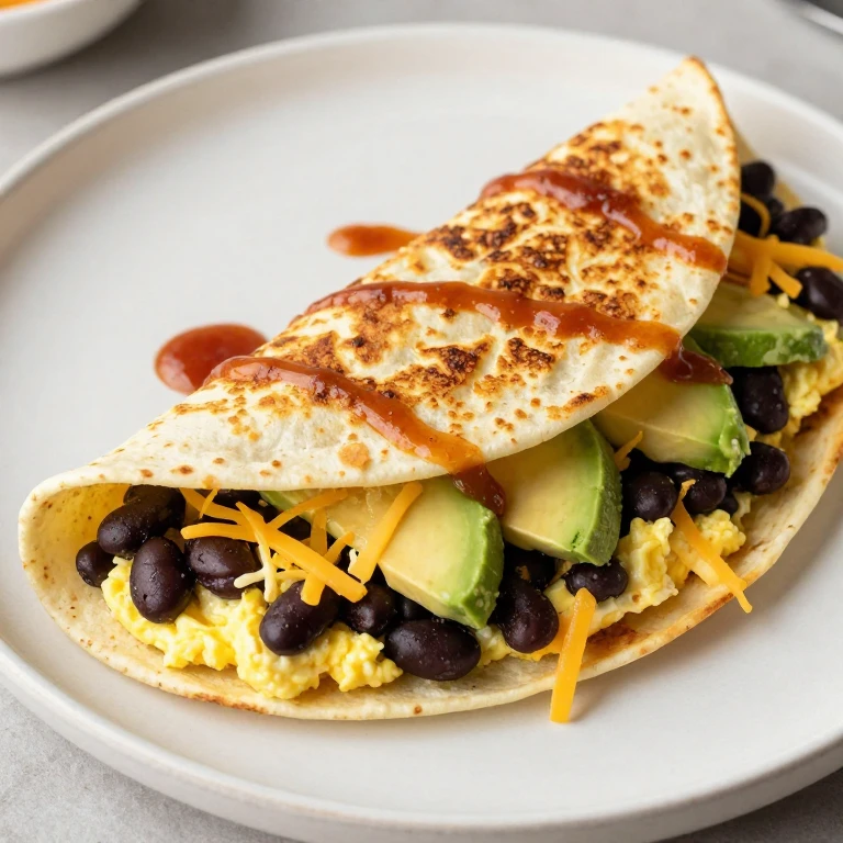 Golden crispy tortilla egg fold with beans, avocado, and melted cheese