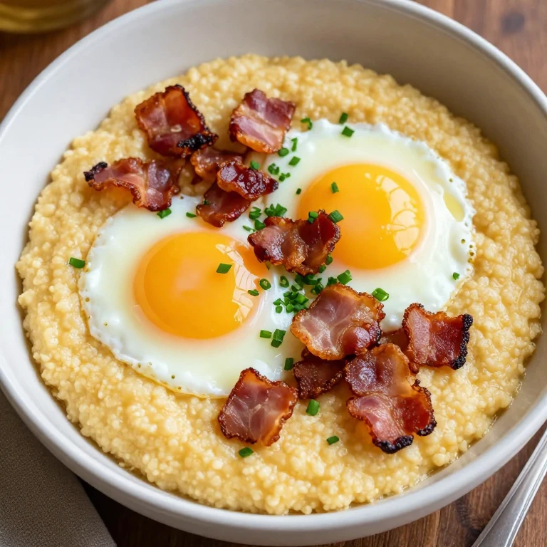 Creamy grits bowl topped with baked eggs and crispy bacon