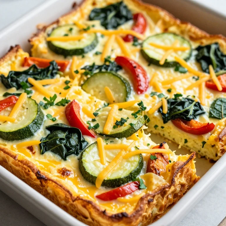 Golden baked egg squares with roasted vegetables and melted cheese