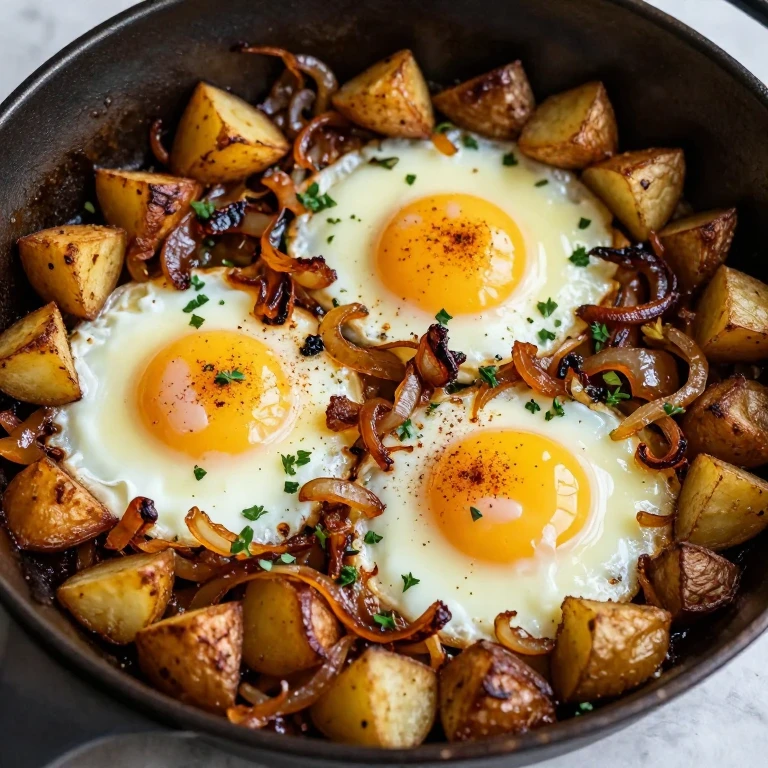 Crispy potato and onion skillet with baked eggs and fresh herbs