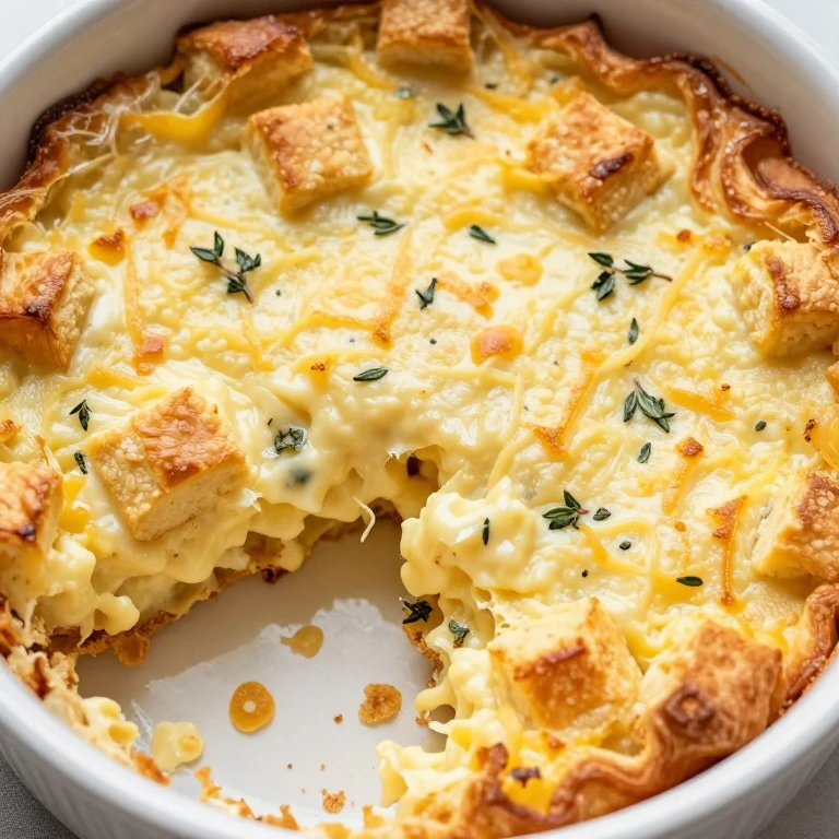 Golden baked croissant casserole with creamy eggs and melted Gruyère