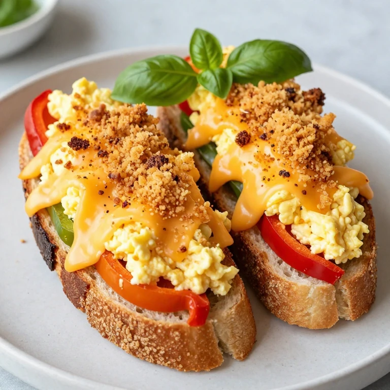Hero sandwich filled with scrambled eggs, peppers, cheese, and breadcrumbs