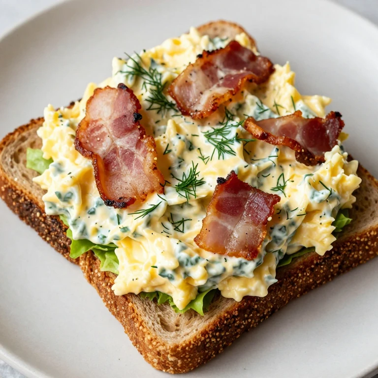 Creamy egg salad sandwich on rye with bacon and fresh dill