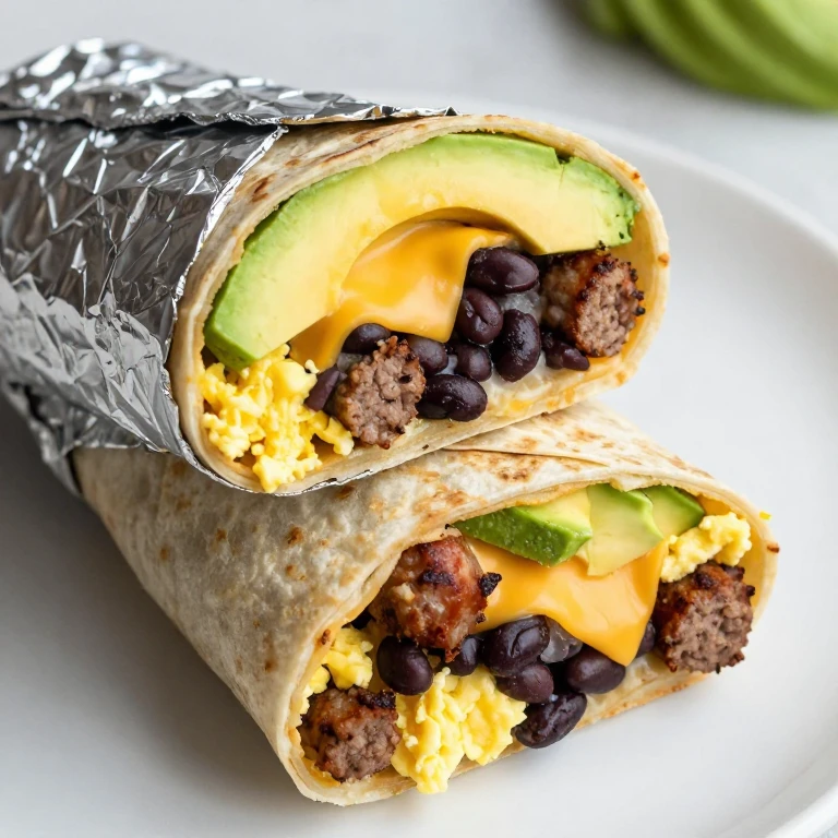 Wrapped breakfast burrito filled with eggs, sausage, beans, and avocado