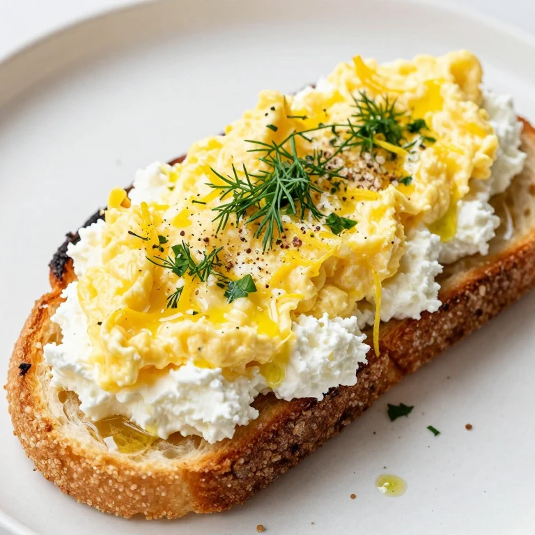 Creamy ricotta scrambled eggs on toast with lemon zest and fresh herbs