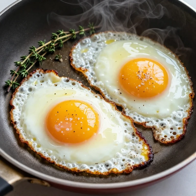 Two butter-basted eggs with crispy golden edges and runny yolks on a plate