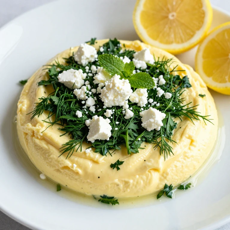 Creamy scrambled eggs with fresh herbs, feta cheese, and lemon wedges
