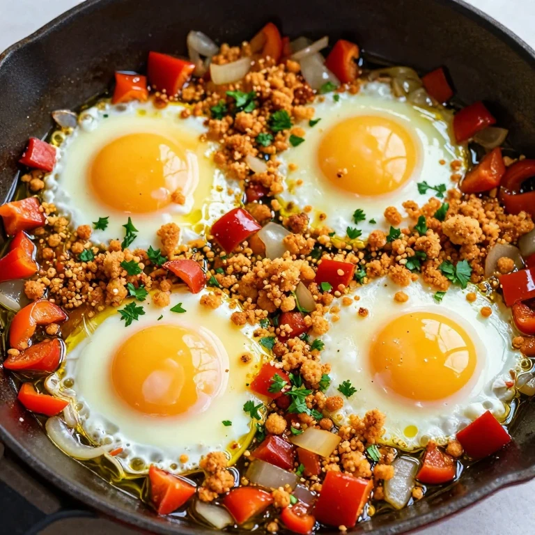 Skillet with eggs nestled in peppers, onions, and topped with crispy bread crumbs