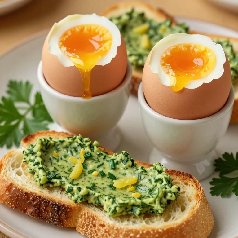Soft-boiled eggs in cups with herb-buttered toast soldiers on a plate