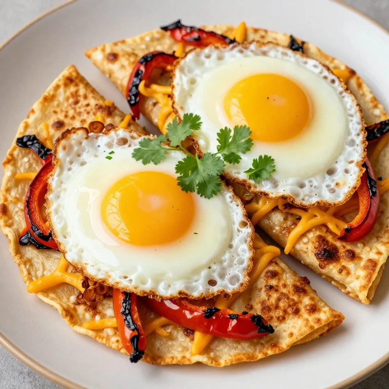 Golden crispy tortilla fold filled with charred peppers and sunny-side up eggs