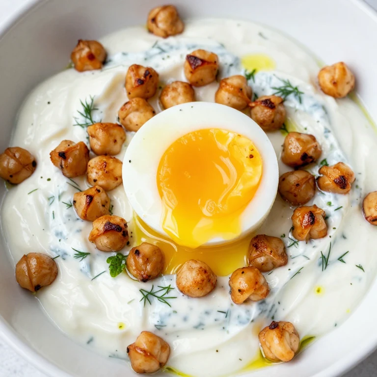 Soft-boiled egg on herbed yogurt topped with crispy roasted chickpeas