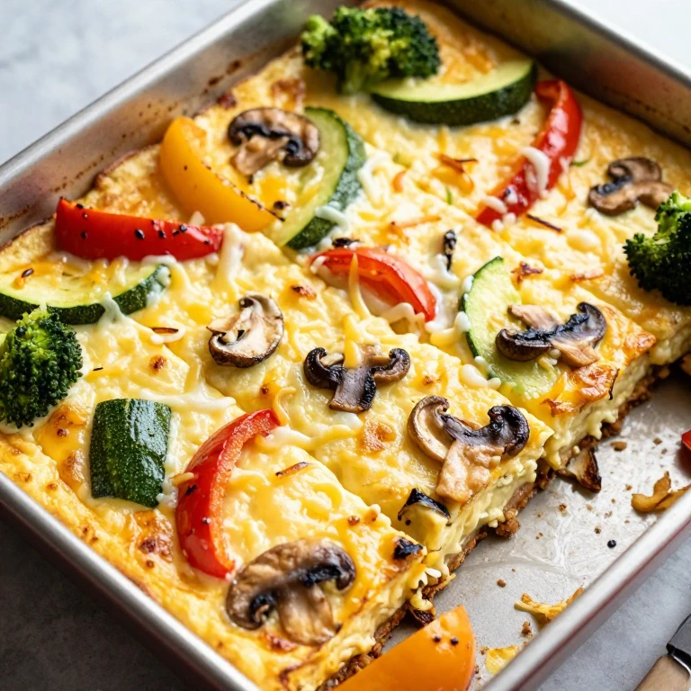 Baked egg squares with roasted vegetables and melted cheese on a pan