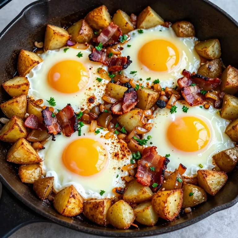 Skillet with crispy potatoes, eggs, and bacon with smoked paprika seasoning
