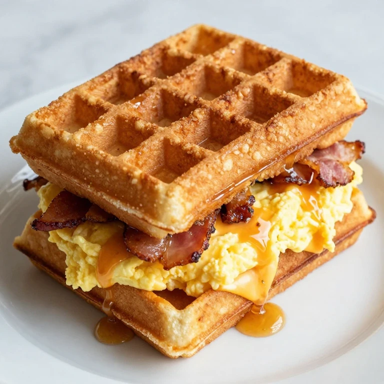 Crispy waffle sandwich with scrambled eggs, bacon, cheese, and maple syrup