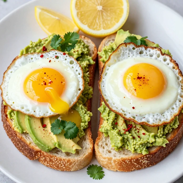 Two avocado toast variations with jammy and crispy eggs and red pepper flakes