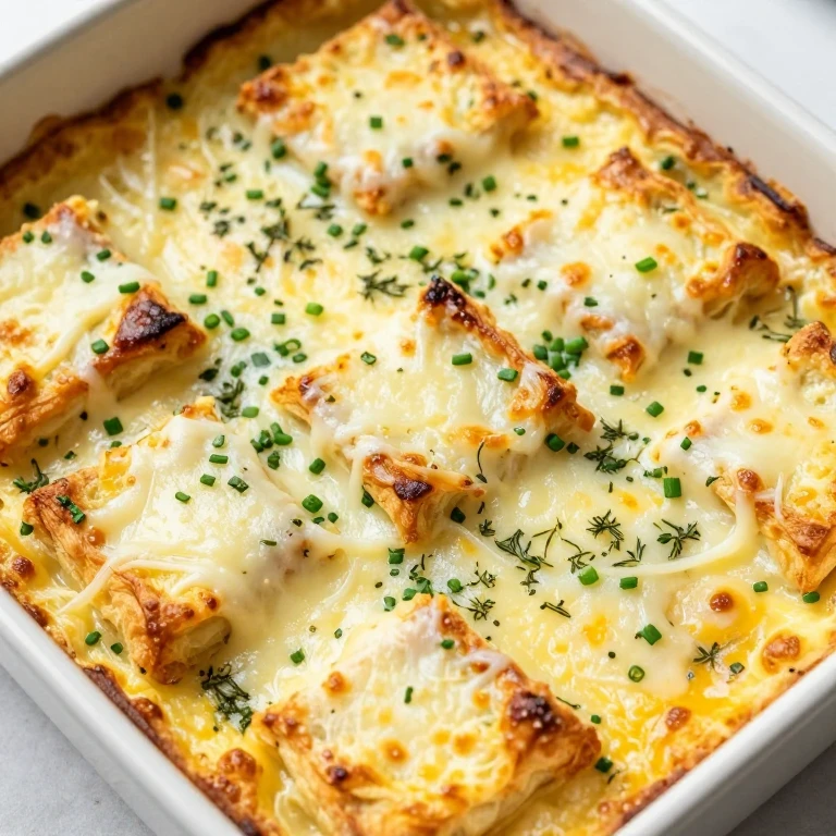 Golden baked croissant egg bake with melted Gruyère and fresh herbs