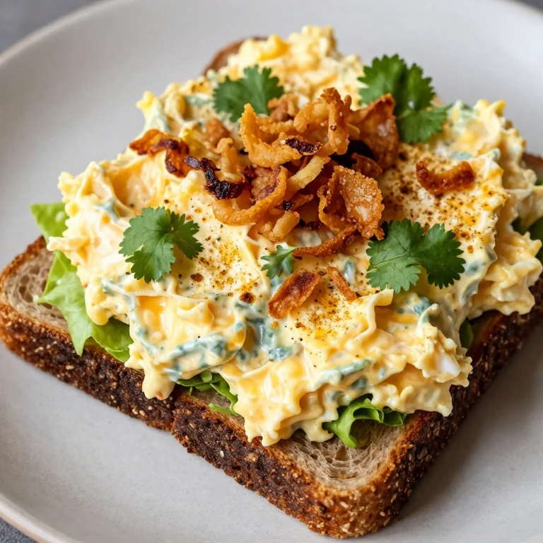 Curried egg salad on rye bread topped with crispy fried shallots and cilantro