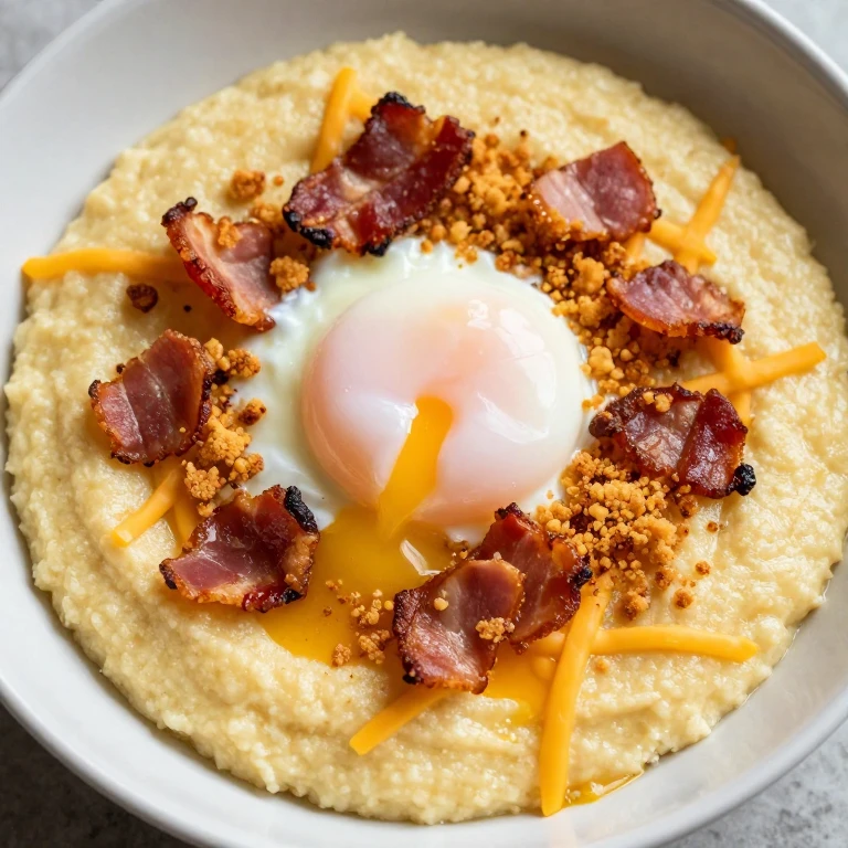 Creamy grits bowl topped with soft-boiled egg, bacon, and toasted panko