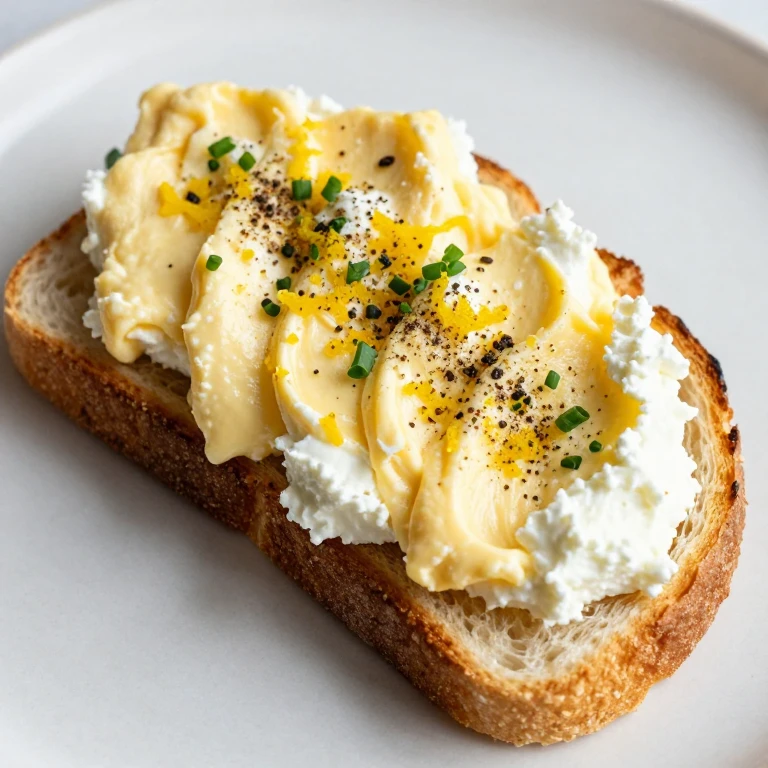 Creamy ricotta scrambled eggs on toast with lemon zest and black pepper