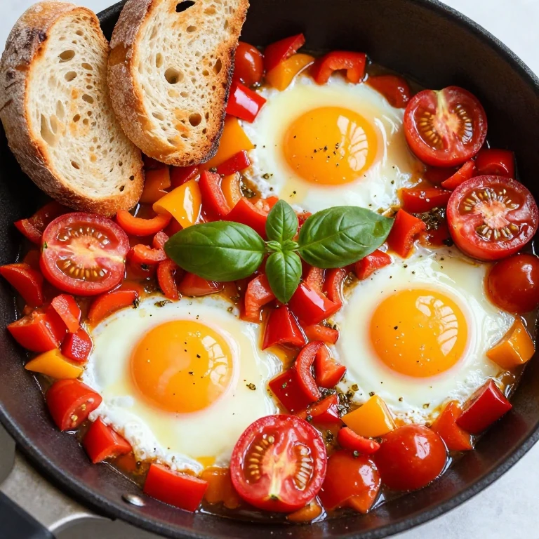 Skillet with eggs, burst cherry tomatoes, peppers, and fresh basil garnish