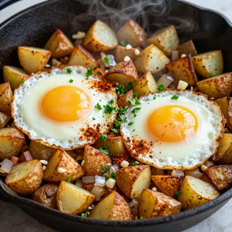 crispy potato skillet with two paprika eggs and fresh parsley, cast iron pan