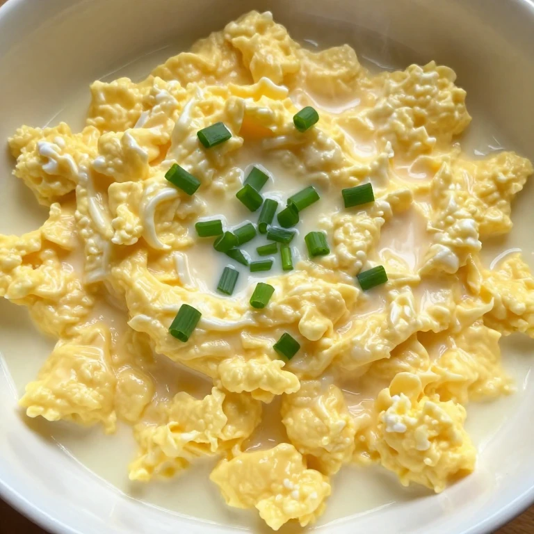 Soft scrambled eggs with creamy curds and fresh chives in shallow bowl