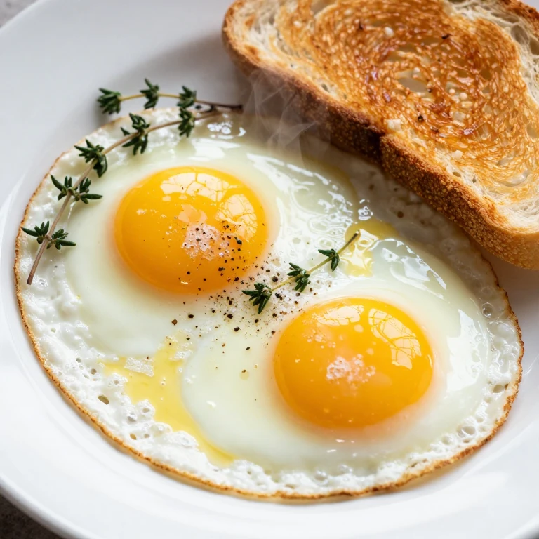 Two butter-basted sunny-side up eggs with runny golden yolks and crispy edges on white plate