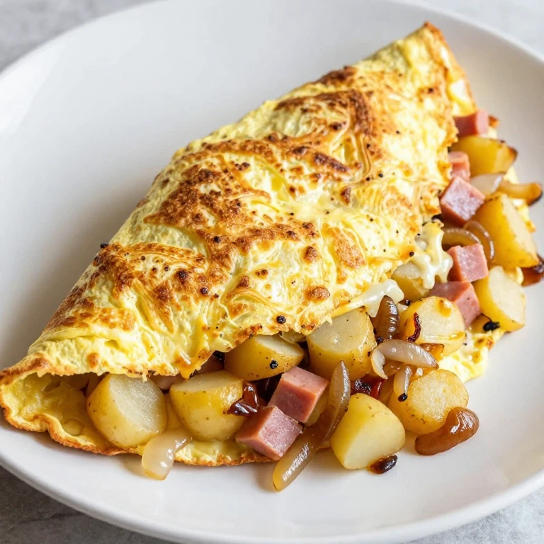Farmers' omelette folded with potatoes, onions, ham, and melted cheese