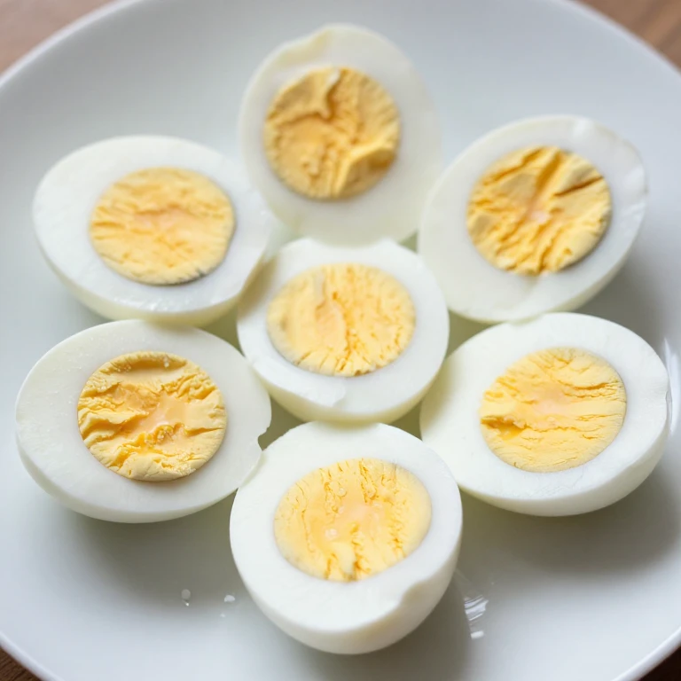 Hard-boiled eggs halved showing firm pale yellow yolks and white