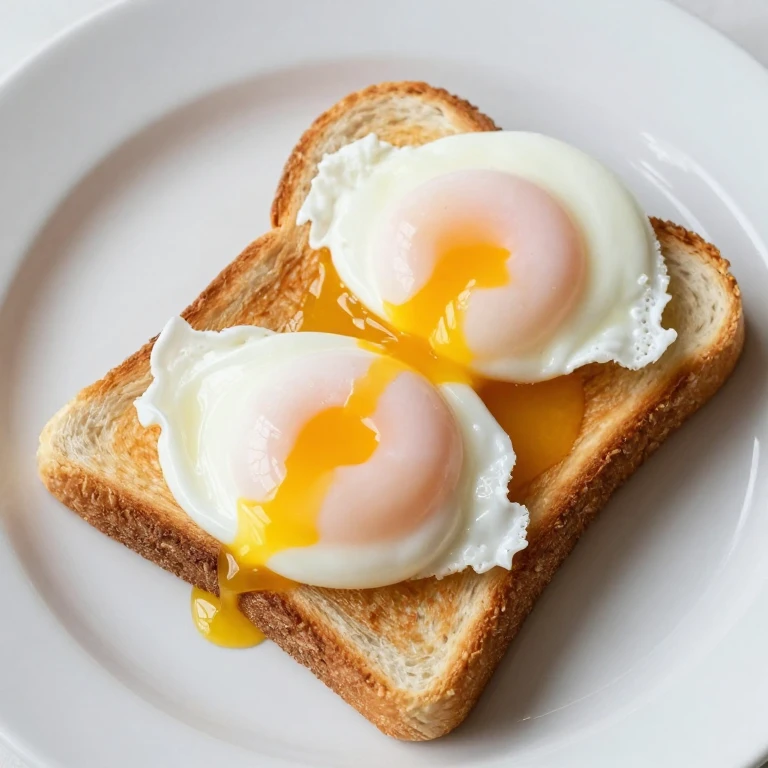 Poached eggs with runny yolks on golden buttered toast