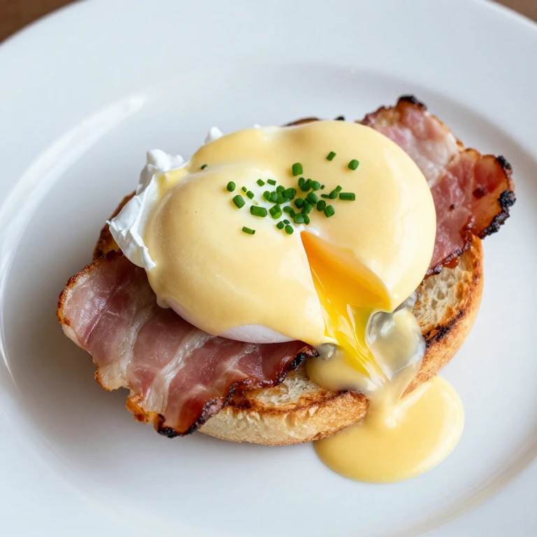 Eggs Benedict with poached egg, Canadian bacon, and hollandaise sauce