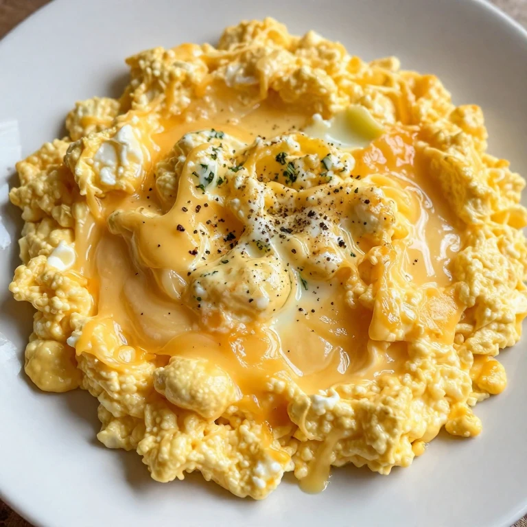 Medium scrambled eggs with glossy curds and seasoning on white plate