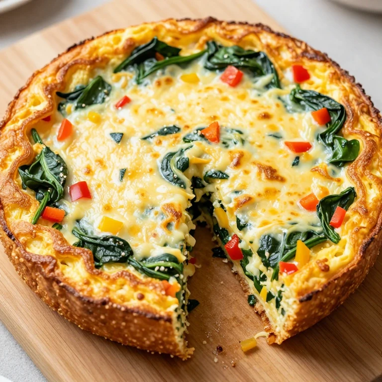 Frittata wedges with golden top, melted cheese, and mixed vegetables