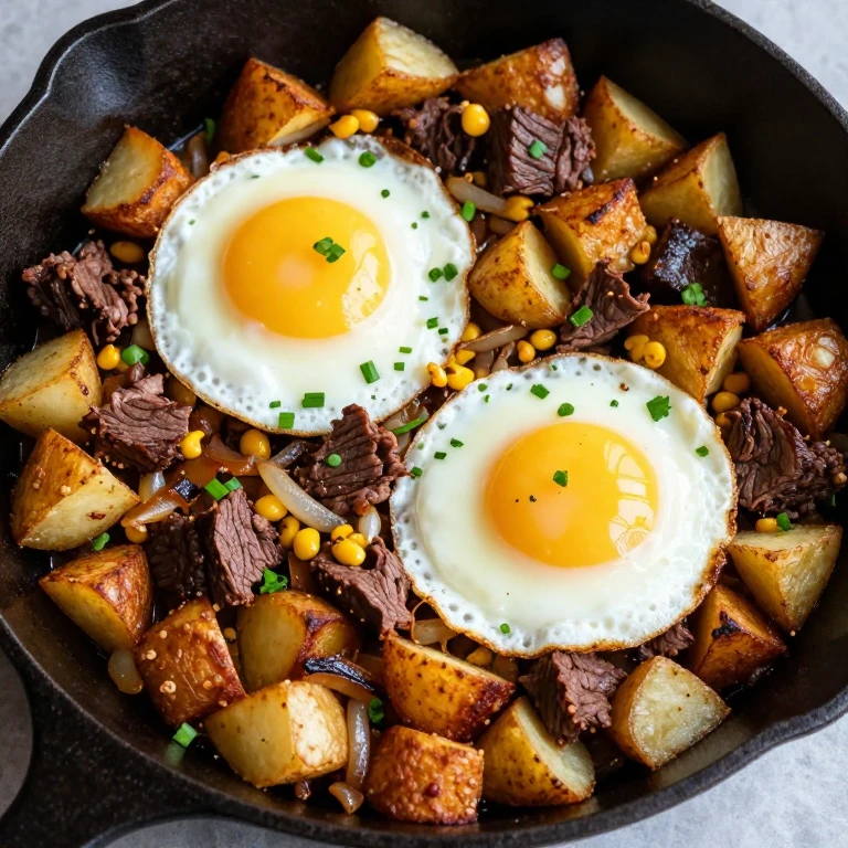 Diner hash with crispy potatoes, onions, corned beef, and eggs on top