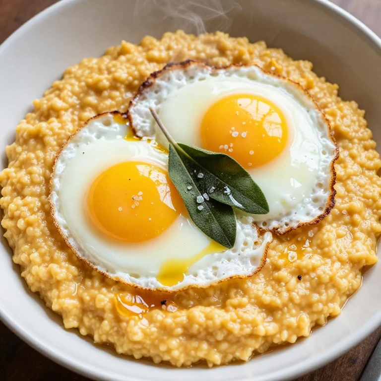 Creamy cheddar grits topped with sunny-side eggs and sage butter in bowl